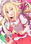  1girl apple ascot bag blonde_hair fang flandre_scarlet food fruit hat hat_ribbon highres kan_lee looking_at_viewer mob_cap open_mouth paper puffy_sleeves red_eyes ribbon shirt shopping_bag short_sleeves side_ponytail skirt smile solo spring_onion touhou vest wings wink 