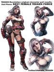  1girl adapted_costume breasts center_opening chaps cleavage concept_art detached_collar elbow_gloves gloves headwear_removed helmet helmet_removed kawano_takuji knee_pads large_breasts lips namco navel_piercing piercing solo tekken tekken_force tekken_revolution under_boob white_hair 