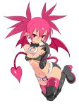  1girl :o bandeau bat_wings belt boots breasts cleavage demon_girl disgaea earrings elbow_gloves etna flat_chest gloves highres jewelry makai_senki_disgaea nac000 navel pointy_ears red_eyes redhead shiny shiny_skin skindentation skirt solo tail thigh_boots thighhighs twintails wings 