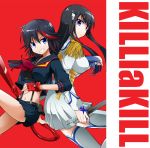  2girls back-to-back black_hair blue_eyes breasts epaulettes fingerless_gloves funmatu gloves grin junketsu katana kill_la_kill kiryuuin_satsuki large_breasts long_hair long_sleeves matoi_ryuuko multicolored_hair multiple_girls navel redhead school_uniform senketsu sheath short_hair skirt smile suspenders sword thighhighs two-tone_hair unsheathed weapon 