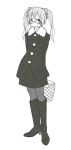  1girl arms_behind_back bespectacled blush boots coat glasses hatsune_miku knee_boots monochrome pantyhose skirt smile solo twintails vocaloid white_background wokada 