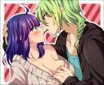  aqua_eyes blush braid breasts cleavage eye_contact green_hair hand_on_another&#039;s_head hetero jinguu_shion large_breasts looking_at_another natsu_hotaru off_shoulder original pocky pocky_kiss purple_hair red_eyes shared_food sweater_pull 