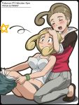  2girls :d ^_^ awa between_breasts blonde_hair blush blush_stickers breasts brown_hair character_name cleavage closed_eyes copyright_name earrings green_eyes head_between_breasts jewelry kneeling large_breasts multiple_girls navel open_mouth pansy_(pokemon) panties pokemon pokemon_(game) pokemon_xy short_hair siblings sisters sitting smile star tank_top underwear undressing viola_(pokemon) wide-eyed wristband 