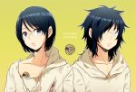  2boys 310_(satopoppo) black_eyes black_hair character_name english glasses gowther gradient gradient_background long_hair looking_at_viewer multiple_boys multiple_persona nanatsu_no_taizai open_mouth serious short_hair tattoo torn_clothes torn_shirt yellow_background 