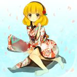  1girl barefoot blonde_hair blush feet flower hair_flower hair_ornament hairband japanese_clothes kimono kise_yayoi looking_at_viewer partially_submerged petals precure rose sausu_(himakuma) short_hair smile smile_precure! solo water yellow_eyes 