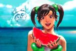  1girl bangle black_hair bracelet brown_eyes clouds food fruit jewelry kawano_takuji ling_xiaoyu lips namco ocean official_art open_mouth panda scrunchie smile solo tekken tekken_3 tekken_4 twintails watermelon 