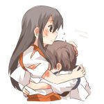  2girls akagi_(kantai_collection) black_eyes brown_hair hug injury kaga_(kantai_collection) kantai_collection long_hair lowres multiple_girls rebecca_(keinelove) short_hair side_ponytail sweat wound 