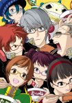  4boys 4girls :q aburaage amagi_yukiko black_eyes black_hair blue_eyes blue_hair bowl brown_eyes brown_hair cabbie_hat chopsticks eating food gakuran glasses grey_hair grin hairband hanamura_yousuke hat headphones headphones_around_neck highres kujikawa_rise kuma_(persona_4) mouth_hold multiple_boys multiple_girls narukami_yuu open_mouth parted_lips pepper_shaker persona persona_4 ramen redhead sagatsune satonaka_chie scar school_uniform shirogane_naoto short_hair smile smirk sunglasses tatsumi_kanji tongue triangle_mouth 