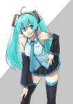  1girl ahoge aqua_eyes aqua_hair black_legwear detached_sleeves hatsune_miku highres leaning_forward long_hair looking_at_viewer necktie pleated_skirt skirt smile solo thighhighs twintails very_long_hair vocaloid yoshida_yamada zettai_ryouiki 