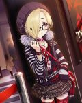  1girl animated animated_gif bags_under_eyes belt bespectacled blonde_hair brown_eyes derivative_work earrings glasses hair_over_one_eye idolmaster idolmaster_cinderella_girls jewelry lowres necklace official_art ring shirasaka_koume striped striped_sleeves thighhighs 
