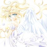  1girl bare_shoulders bishoujo_senshi_sailor_moon blonde_hair blue_eyes bow crescent double_bun facial_mark forehead_mark hair_ornament hairpin long_hair looking_back lowres princess_serenity shirataki_kaiseki shoulderless_dress smile solo tsukino_usagi twintails white white_background white_wings wings 