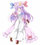  1girl book coo crescent dress hair_ribbon hat long_hair long_sleeves looking_at_viewer open_clothes open_coat patchouli_knowledge purple_hair ribbon simple_background solo striped striped_dress touhou tress_ribbon very_long_hair violet_eyes white_background white_dress 