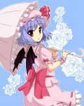  1girl back bat_wings blue_background blue_hair bow floral_background flower frilled_skirt frills hat hat_ribbon highres looking_back mob_cap parasol puffy_sleeves red_eyes remilia_scarlet ribbon rose shirt short_sleeves simple_background skirt skirt_set smile solo touhou umbrella utakata_(azaka00) vest wings wrist_cuffs 