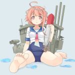  1girl ahoge blush brown_hair flower hair_flower hair_ornament i-58_(kantai_collection) kantai_collection light_brown_hair open_mouth personification red_eyes school_swimsuit school_uniform serafuku short_hair sitting solo swimsuit swimsuit_under_clothes torpedo water 