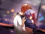  1girl emiya_shirou fate/stay_night fate_(series) hair_ribbon hug long_hair lorein matou_sakura purple_hair raglan_sleeves redhead ribbon tears 