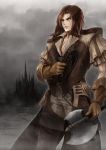  1boy absurdres axe blue_eyes brown_hair castle castlevania castlevania:_curse_of_darkness chain cloudy_sky coat food_fighter_441 gloves highres long_hair male pants ralph_c_belmondo scar shirt short_sleeves weapon whip 