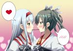  2girls bow green_hair hair_bow heart inoshira japanese_clothes kantai_collection long_hair multiple_girls muneate personification pocky pocky_kiss shared_food shoukaku_(kantai_collection) silver_hair speech_bubble spoken_blush spoken_heart twintails zuikaku_(kantai_collection) 