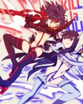  2girls black_hair blue_eyes breasts hashiko_(pecopom) junketsu kill_la_kill kiryuuin_satsuki matoi_ryuuko multicolored_hair multiple_girls navel senketsu suspenders sword thighhighs two-tone_hair underboob weapon 