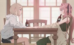 2girls absurdres alcohol bare_shoulders black_ribbon blue_eyes blurry blurry_background blush bottle brown_hair cardigan chair commentary_request dolphin_shorts dress elbow_on_table elbow_rest eye_contact green_dress hair_intakes hair_ribbon hand_on_own_face head_rest highres holding holding_bottle holding_hands hood hood_down hoodie indoors interlocked_fingers kamiina_botan kamiina_botan_yoeru_sugata_wa_yuri_no_hana long_hair looking_at_another mochi_(m0chi0000) multiple_girls on_chair parted_lips pink_hair ribbon short_hair shorts sitting sleeveless sleeveless_dress table tonami_ibuki violet_eyes white_hoodie yuri 