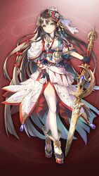  1girl black_gloves boots brown_hair closed_mouth full_body game_asset gloves green_eyes grimms_notes hair_between_eyes hair_ornament holding holding_sword holding_weapon japanese_clothes kaguyahime_(grimms_notes) kaguyahime_(shinsei)_(grimms_notes) kimono long_hair nemusuke non-web_source official_art platform_boots red_background solo sword tassel thigh-highs very_long_hair weapon white_kimono white_thighhighs 