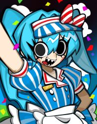  1girl aliens_uteu7 apron black_eyes blue_hair bow commentary_request confetti hand_on_own_hip hat hatsune_miku highres long_hair looking_at_viewer mesmerizer_(vocaloid) name_tag open_mouth sharp_teeth shirt short_sleeves smile solo striped_clothes striped_shirt teeth thick_eyelashes thick_lineart tongue tongue_out twintails upper_body visor_cap vocaloid waist_apron white_apron 
