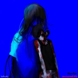  1boy 1girl antenna_hair artist_name black_eyes black_hair blue_background colored_skin commentary double-parted_bangs dress hair_behind_ear hair_between_eyes hakugen0720 highres long_hair mari_(omori) mari_(spirit)_(omori) omori omori_(omori) short_hair short_sleeves shorts striped_clothes striped_shorts vertical-striped_clothes vertical-striped_shorts white_skin 