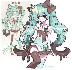  1girl :q alternate_costume asymmetrical_legwear black_nails blush_stickers bow brown_bow brown_hair brown_ribbon brown_shirt brown_skirt brown_thighhighs commentary_request dripping food-themed_hair frilled_shirt frills green_eyes green_hair green_shirt green_thighhighs hair_bow hair_ribbon hand_up hatsune_miku highres invisible_chair korean_commentary licking_lips long_hair looking_at_viewer mint_chocolate mismatched_legwear multiple_hair_bows redrawn reetjell reference_inset ribbon shirt sitting skirt skirt_peek sleeveless sleeveless_shirt smile solo star_(symbol) star_in_eye symbol_in_eye thigh-highs tongue tongue_out twintails very_long_hair vocaloid white_wings wings 