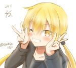  1girl blonde_hair dated kantai_collection looking_at_viewer one_eye_closed satsuki_(kantai_collection) school_uniform sekino_takehiro serafuku sketch smile solo twintails twitter_username yellow_eyes 