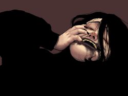  absurdres androgynous black_hair black_lips black_nails black_shirt colored_teeth dreamscreep hair_between_eyes highres lipstick long_sleeves makeup messy_hair one_eye_closed open_mouth original realistic shirt smeared_lipstick solo teeth upper_body yellow_teeth 
