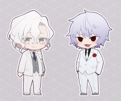  2boys ar1oy arms_at_sides black_shirt braid chibi closed_mouth collared_shirt commentary_request corsage curtained_hair fangs fate/grand_order fate/strange_fake fate_(series) flower full_body grey_background grey_eyes grey_hair grey_necktie grey_shirt grey_shoes grey_vest hair_between_eyes hair_over_shoulder hands_in_pockets highres jacket jester_karture long_hair long_sleeves looking_at_viewer low-tied_long_hair male_focus marisbury_animusphere multiple_boys necktie open_clothes open_jacket open_mouth outline pants parted_bangs red_eyes red_flower red_rose rose shirt shoes short_hair single_braid smile standing suit vest white_hair white_jacket white_necktie white_outline white_pants white_suit 