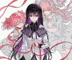  3girls absurdres akemi_homura akemi_homura_(magical_girl) black_hair black_hairband bow capelet choker closed_eyes colored_inner_hair donggan_maotiao dress dual_persona expressionless gloves goddess_madoka hair_bow hairband hand_on_another's_shoulder highres holding holding_ribbon jacket kaname_madoka kaname_madoka_(magical_girl) long_hair mahou_shoujo_madoka_magica mahou_shoujo_madoka_magica_(anime) multicolored_hair multiple_girls neck_ribbon pink_hair puffy_short_sleeves puffy_sleeves purple_capelet red_choker red_ribbon ribbon short_sleeves short_twintails simple_background smile standing string string_of_fate twintails two_side_up violet_eyes white_background white_dress white_gloves white_jacket 