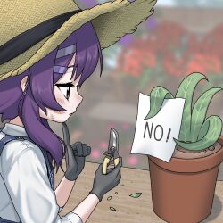  1girl alternate_costume black_gloves blue_archive blue_overalls denim denim_overalls disposable_gloves ears_visible_through_hair finger_to_own_chin flower from_side frown gardening gardening_shears gloves hair_ornament hairclip haruka_(blue_archive) hat highres holding holding_sign holding_tool leaf light_frown long_sidelocks no outdoors overalls personification purple_flower purple_hair red_flower shirt short_hair short_hair_with_long_locks sidelocks sign sleepywoodmac solo sun_hat sweatdrop upper_body violet_eyes weeds white_flower white_shirt wide_brim 