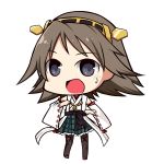  1girl boots brown_hair chibi detached_sleeves hairband headgear hiei_(kantai_collection) japanese_clothes kantai_collection nontraditional_miko open_mouth pantyhose personification pleated_skirt rubii short_hair skirt smile thigh_boots thighhighs 