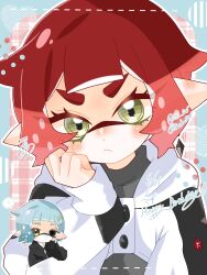  1girl 1other black_skirt blue_hair blunt_bangs chibi chibi_inset commentary_request crystal_earrings double-parted_bangs earrings green_eyes hand_on_own_cheek hand_on_own_face happy_birthday highres hooded_shrug inkling inkling_girl inkling_player_character jewelry long_pointy_ears long_sleeves pointy_ears red_hair short_hair shrug_(clothing) skirt sleeves_past_wrists solo_focus splatoon_(series) syoutoktaishi_63 tentacle_hair upper_body 
