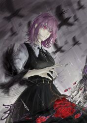  absurdres anzhuart belt bird blood chainsaw_man collared_shirt crow death_devil_(chainsaw_man) dress dress_shirt earrings fami_(chainsaw_man) flower fourth_east_high_school_uniform highres jewelry long_sleeves neck_ribbon petals pink_eyes pink_hair rain red_flower red_petals ribbon ringed_eyes school_uniform shirt skirt sleeveless sleeveless_dress tassel tassel_earrings too_many too_many_birds water_drop white_shirt 