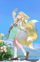  1girl 2242592427 animal_ears aqua_hairband arknights bag blonde_hair blue_hairband blue_sky cardigan chinese_commentary commentary cross-laced_clothes cross-laced_skirt cross-laced_slit flower fox_ears fox_girl fox_tail frilled_hairband frilled_socks frills full_body green_eyes hair_ornament hairband highres kitsune kyuubi long_hair mary_janes multiple_tails official_alternate_costume one_eye_closed open_cardigan open_clothes round_bag shoes skirt sky socks solo standing suzuran_(arknights) suzuran_(spring_praise)_(arknights) tail white_socks yellow_cardigan 