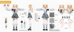 1girl absurdres ahoge arm_warmers belt black_belt black_nails black_shirt blonde_hair blush boots camouflage character_name collared_shirt commentary cropped_jacket detached_sleeves ear_piercing earrings fangs full_body grey_belt grey_jacket grey_skirt hair_ornament highres incredibly_absurdres isegye_idol jacket jewelry jina-in-bus jingburger jingburger_(nameless) korean_commentary leg_warmers long_hair long_sleeves looking_at_viewer miniskirt multicolored_hair multiple_views nail_polish official_art open_mouth outstretched_arms piercing pleated_skirt red_eyes reference_sheet ring shirt short_sleeves single_arm_warmer skirt smile socks spread_arms standing streaked_hair thigh_strap twintails virtual_youtuber waktaverse zipper_pull_tab 