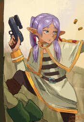  1girl aqua_eyes belt black_belt black_leggings black_shirt blood blood_in_hair blood_on_clothes boots brown_boots capelet casing_ejection commentary dated earrings elf english_commentary feet_out_of_frame finger_on_trigger frieren gem gold_trim gun hand_up handgun high_collar highres holding holding_gun holding_weapon jewelry kanokoga knee_boots leg_up leggings long_hair long_pointy_ears long_sleeves marathon_(series) optical_sight outstretched_arm parted_bangs pink_hair pointy_ears red_gem shell_casing shirt signature sketch skirt skirt_set solo sousou_no_frieren standing striped_clothes striped_shirt turning_head twintails weapon white_capelet white_shirt white_skirt 