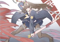  1girl azur_lane black_hair black_pantyhose blue_shirt blue_skirt bu4321 character_name closed_mouth commentary fighting_stance hair_ornament hairclip holding holding_sheath holding_sword holding_weapon horns katana long_hair looking_at_viewer neckerchief noshiro_(azur_lane) oni pantyhose sheath shirt skirt smile solo sword unsheathed violet_eyes weapon 