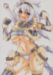  1girl armor bandeau clenched_hands gauntlets headband horn kirin_(armor) monster_hunter navel open_mouth over_shoulder panties red_eyes short_hair sword thighhighs underwear weapon weapon_over_shoulder white_hair yutakasan-love 