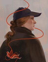  1boy 1girl anattmar_re astronaut black_jacket brown_hair commentary eva_stratt hat helmet highres in_orbit jacket project_hail_mary ryland_grace space space_helmet spacesuit string string_of_fate 
