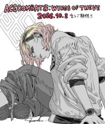  1girl ace_combat ace_combat_8 blonde_hair commentary_request gradient_hair helmet highres jacket kozaki_yuusuke looking_at_viewer multicolored_hair official_art open_mouth pilot_helmet pink_hair release_date sitting solo tasha_(ace_combat) teeth upper_teeth_only watch 