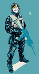  1boy blue_background commentary_request eyewear_on_headwear facing_viewer full_body golden_kamuy gun hat headphones high_collar highres holding holding_gun holding_weapon jacket knee_pads limited_palette looking_to_the_side male_focus mineco000 mole mole_on_cheek multiple_moles pants peaked_cap pouch rifle shoes simple_background sniper_rifle solo standing usami_tokishige vest weapon 