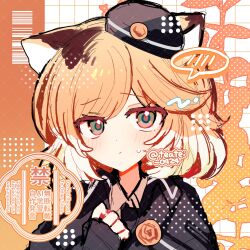  1girl animal_ears arknights artist_name black_gloves black_hat black_jacket blonde_hair blush brown_streaks calico_(pattern) cat_ears cat_girl commentary_request fingerless_gloves frown gloves green_eyes hat highres jacket looking_at_viewer mini_hat mousse_(arknights) multicolored_hair one-hour_drawing_challenge portrait shirocha_tei short_hair simple_background solo spoken_blush streaked_hair sweatdrop twitter_username watermark white_streaks 
