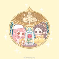  +_+ 2girls ahoge animal ballroom beauty_and_the_beast_(disney) belle_(disney) beret bloom_poetry_(shining_nikki) brown_eyes brown_hair cat chandelier chibi chinese_commentary clothed_animal collared_shirt commentary_request dress ear_covers earrings elbow_gloves eyelashes flower frilled_shirt_collar frills fur_trim glass_jar gloves gown hair_bun hair_tie half_updo hand_up hat high_collar hood hood_up indoors jewelry light_blush light_particles long_dress long_hair long_sleeves momo_(nikki) multiple_girls night nikki_(nikki) nikki_(series) no_mouth off-shoulder_dress off_shoulder open_mouth pinafore_dress pink_dress pink_hair plaid_clothes plaid_dress red_flower red_rose rose shining_nikki shirt short_sleeves sidelocks single_hair_bun sleeveless sleeveless_dress smile solid_oval_eyes sparkle sparkling_eyes sphere_earrings straight_hair very_long_hair watermark weibo_watermark whiskers white_cat white_hat white_shirt window xiaoyu_qixing yellow_background yellow_dress yellow_gloves yellow_hood 