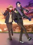  2boys arm_grab blazer blonde_hair blue_hair blush free! glasses gloves hazuki_nagisa junky9696 male multiple_boys necktie open_mouth pointing red_eyes scarf school_uniform short_hair smile violet_eyes 