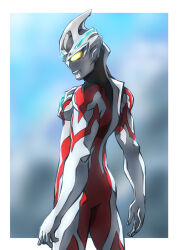  1boy alien black_skin blue_gem blurry blurry_background border color_timer colored_skin commentary_request forehead_jewel from_behind gem highres male_focus multicolored_skin no_pupils outside_border red_skin silver_skin solo spines taiga_hiroyuki tokusatsu ultra_series ultraman_arc ultraman_arc_(series) white_border yellow_eyes 