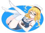  1girl ahoge blonde_hair book glasses hat i-8_(kantai_collection) kantai_collection personification school_swimsuit swimsuit takaharu thighhighs twintails 