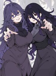  2girls ahoge breasts closed_mouth dress dual_persona earrings eyebrows_hidden_by_hair hair_between_eyes hex_maniac_(pokemon) hex_maniac_(pokemon_legends:_z-a) hex_maniac_(pokemon_xy) highres jewelry large_breasts lips long_hair medium_breasts multiple_girls nail_polish open_mouth outstretched_arm pokemon pokemon_legends:_z-a pokemon_x_and_y purple_dress purple_hair smile sphere_earrings thedollofbruce violet_eyes zoom_layer 