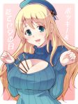 1girl atago_(kantai_collection) blonde_hair blush breasts bust cleavage_cutout e20 green_eyes hat kantai_collection large_breasts long_hair looking_at_viewer personification pocky smile solo sweater translation_request